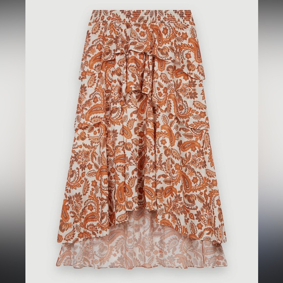 NWOT Maje paisley Orange and Cream printed cotton High Low stretchy Skirt as is - Picture 8 of 16